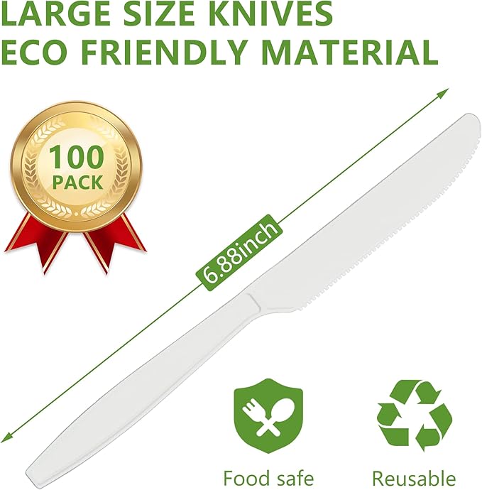 Compostable Knife,100 Biodegradable Silverware for Party, Large Disposable Utensils Eco Friendly Durable and Heat Resistant,Alternative to Plastic Knife