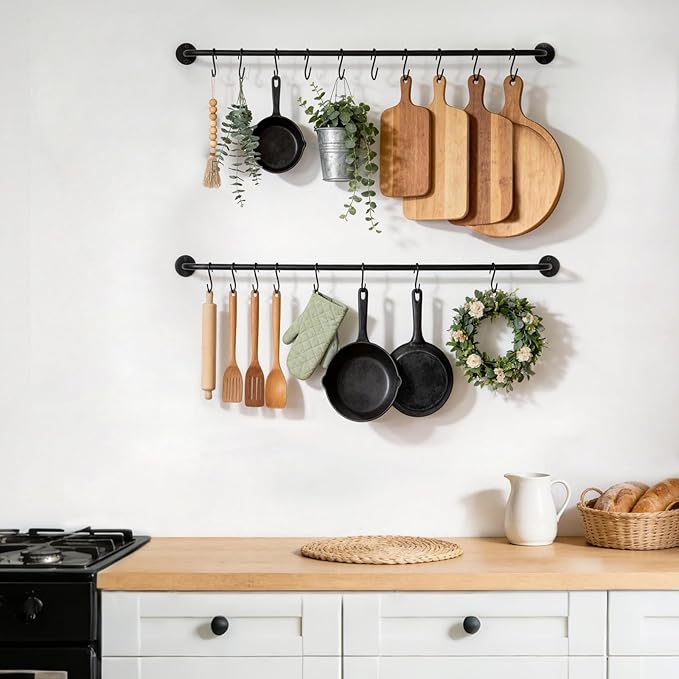 Mkono Mug Holder Wall Mounted Coffee Cup Rack Hanger Modern Metal with 20 Mug Hooks Rustic Utensil Tea Cups Storage Organizer for Kitchen Dining Room Coffee Bar, Set of 2, Black