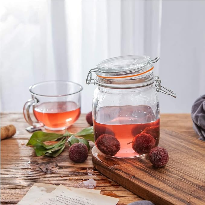 32 oz Glass Food Storage Jars with Airtight Lids,Clear Airtight Canister with Leak Proof Rubber Gasket,1000 ml Square Large Mason Jars with Clamp Lids for Canning,Cereal,Beans,6 Pack