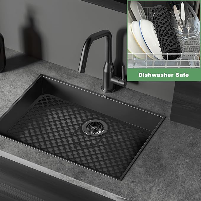 Sink Protectors for Kitchen Sink - Large 26.2"x 14" with Center Drain Hole Heat Resistant Easy Clean Non-slip Silicone Kitchens Sinks Mat for Bottom of Kitchen Sinks Stainless Steel(Black)-66.5x35.6CM