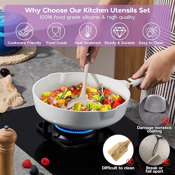 Onader Silicone Cooking Utensils Set, 6 Pcs Kitchen Utensils for Cooking, Heat Resistant Kitchen Gadgets Tools Set for Nonstick Cookware - 3 Mixed Color (Khaki & Pink & White)