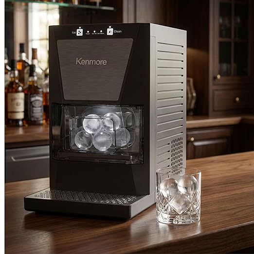 Kenmore Clear Sphere Ice Ball Maker Countertop, 2-Inch Slow-Melting Ice Spheres for Whisky Cocktails, Máquina de Hielo Black
