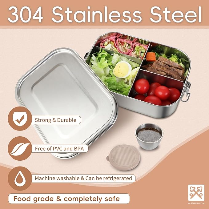 GOLDEN KEY Leak-Proof Lunch Box for Adults & Kids - 40oz Large Capacity Stainless Steel Bento, 1200ml Metal Container with Lockable Clips, BPA-Free, Dishwasher Safe for Work Travel School