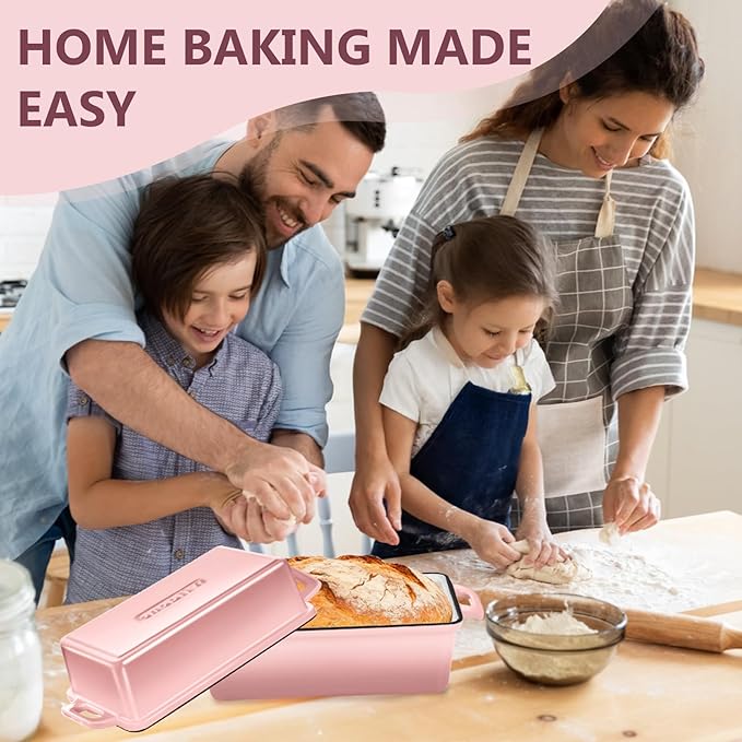 Wildone Enameled Cast Iron Bread Loaf Pan with Lid, 9x5 Sourdough Baking Pans for Homemade Bread, Cake, Meatloaf, Even Heating Bread Pans, 2-Piece Set, Pink