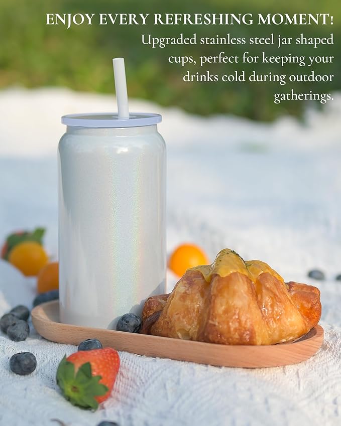 16oz Stainless Steel Cups with Lids and Straws, Sublimation Tumbler, White (Shiny Polished Finish, Sublimatable)
