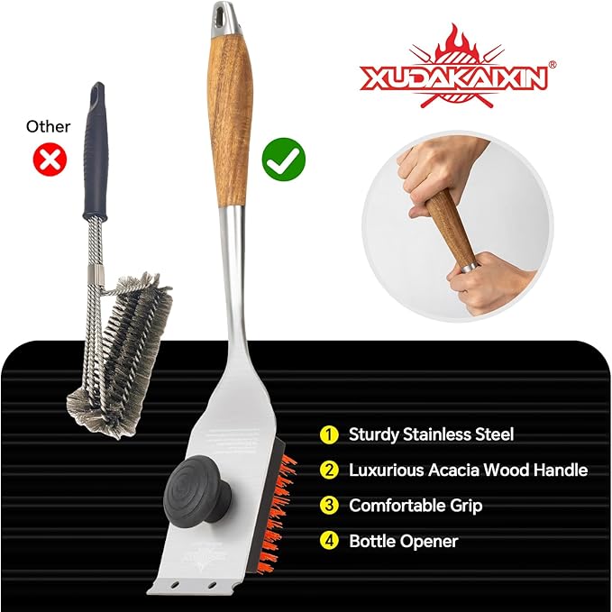 Nylon Grill Brush,Dual Grip Design,with Extended Luxurious Acaciawood Handle,Safe Nylon Bristles Barbecue Triple Scrubbers Cleaning Brush for Cast Iron Grates/Porcelain/Charcoal Grill
