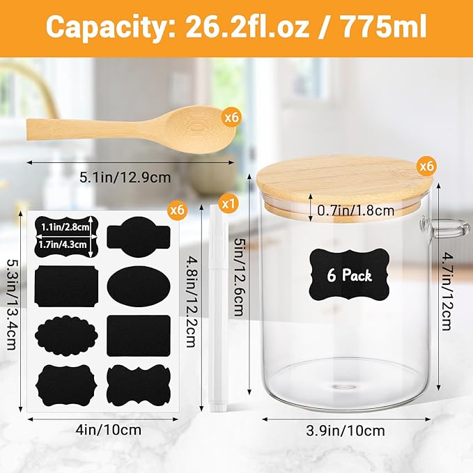 Glass Jars with Bamboo Lids and Spoon - 6 Pack 26 Fl.oz Round Glass Canister with Airtight Lid, Includes Labels and Marker, Flour Sugar Containers Jar for Loose Tea, Cereal, Coffee Bean, Cookie