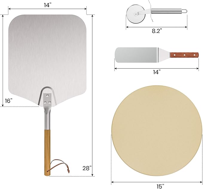 Onlyfire 4-Piece Pizza Stone Set – 15" Round Cordierite Baking Stone for Oven & Grill, 14"x16" Pizza Peel, Stainless Steel Spatula & Cutter – Complete Pizza Making Kit for Crispy Crust, Bread, BBQ