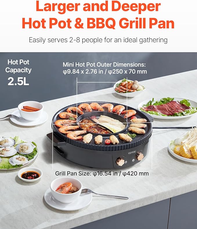 VEVOR Hot Pot with Grill, 1800W 2-in-1 Electric Smokeless Grill and Hot Pot, Korean BBQ Shabu Shabu Hotpot with Separate Dual Temperature Control, Non-stick Pan, for 2-8 People Family Dining