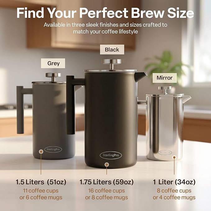 SterlingPro Stainless Steel French Press Coffee Maker 1.75 L (59 oz) Black – Double Walled Insulated Extra Large French Press, Durable Design Keeps Drinks Hot, Easy to Use and Clean for Rich Flavor