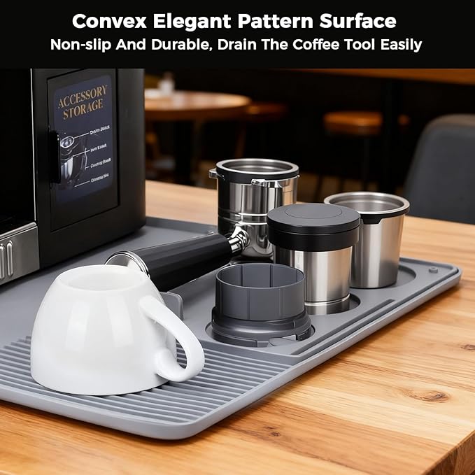 Silicone Coffee Mat for Ninja Luxe Espresso Machine ES601 – Large Anti-Slip Heat-Resistant Coffee Bar Mat for Ninja luxe Cafe Accessories and Most Home Espresso Machines with Convex Edge Gray