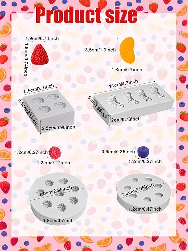 Fruit Shaped Silicone Molds, 3D Strawberry Orange Raspberry Blueberry Fondant Mold, Fruit Mold for Candy Jelly Cake Decor Soap Resin DIY Baking Tool for Parties & Gifts (4 Fruit)