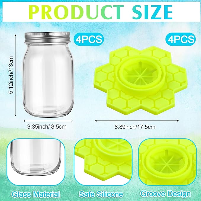 4 Pack Bee Feeder for Mason Jar Bee Watering Station Garden Silicone Sugar Water Feeder Beekeeping Drinking Equipment Tools with Mason Jars for Drinking Water(Yellow,Flower)