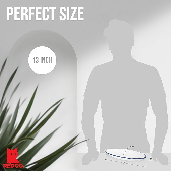 Red Co. Enamelware Metal Classic 13" Serving Oval Tray Platter, Solid White/Navy Blue Rim