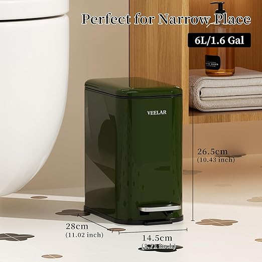 Slim Bathroom Trash Can with Lid, 1.6 Gallon / 6 Liter Stainless Steel Trash Bin, Step Pedal Garbage Cans for Bedroom, Kitchen, Office (Green)
