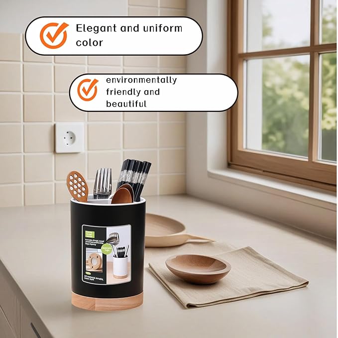 BUBBLE-FLY Modern Kitchen Utensil Holder with Drainage, Black and Wood Base, 3 Compartment Divided Organizer for Spoons Forks Knives, Countertop Caddy for Cooking Tools and Cutlery Storage- Non-Slip