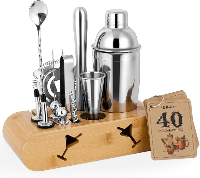 X Home Bartender Kit with Stand, Cocktail Shaker Set for Enthusiasts and Beginners | Includes Martini Shaker, Easy-to-Measure Jigger, Hawthorne Strainer, Mixing Spoon and More, Bartender Kit Gifts