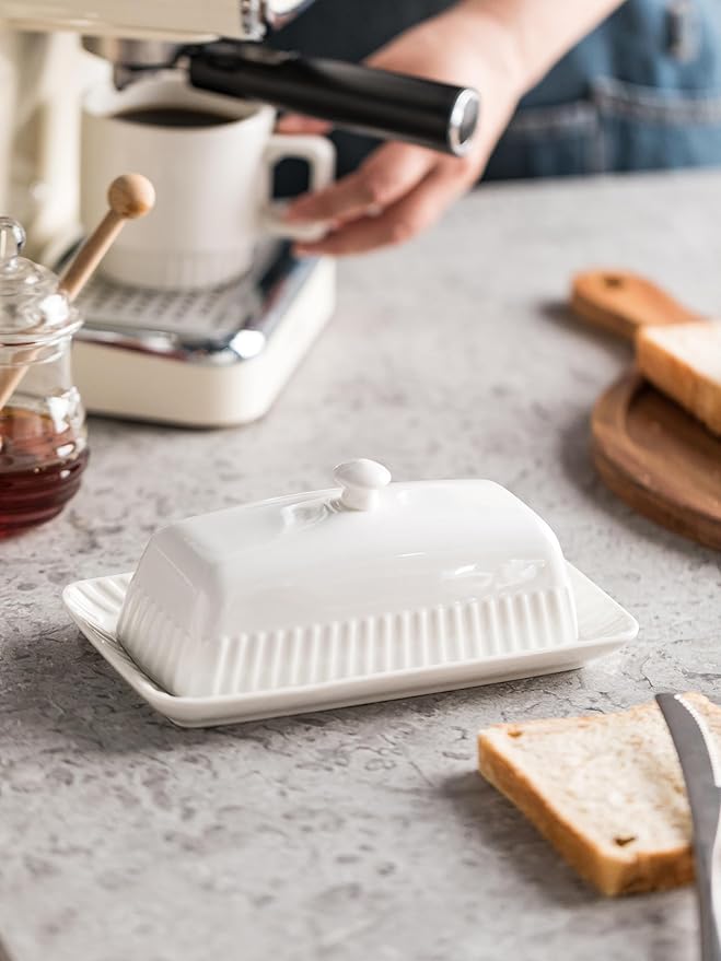 Ceramic Butter Dish with Lid, White Butter Holder Container with Porcelain Cover Knob Handle, Butter Dishes for Countertop