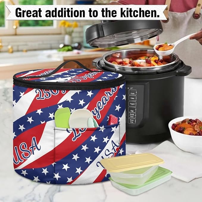 Stars and Stripes Pressure Cooker Dust Cover for America250 Zipper Clouse Slow Cooker Storage Bag Pressure Cooker Organizer Bag Insulated Carrier for 6 Qt Pressure Cooker