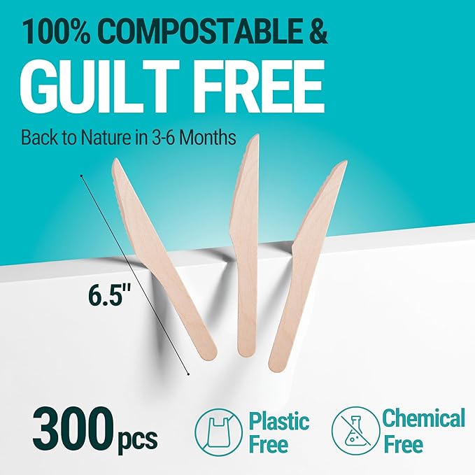 Disposable Wooden Knives - 300pcs - Heavy Duty & Extra Sharpened - Our Guilt-Free FSC Certified Wood Protects Forests - A Great Alternative to Bamboo Knives