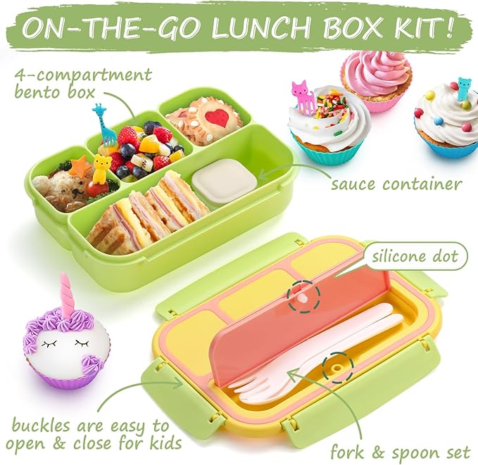 QQKO Bento Box for Kids Adults, School Toddler Lunch Box for Boys Girls, Lunch Box Containers with 4 Compartments, Sauce Container, Utensils, Food Picks and Muffin Cups for School, Pink Yellow Green