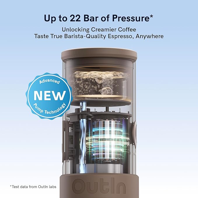 OutIn Mino Portable Electric Espresso Machine, Mini Camping Coffee Maker for Travel, Pocket Sized Coffee Machine Self-Heating, Ground Coffee & NS Capsule Adapter For Adventure