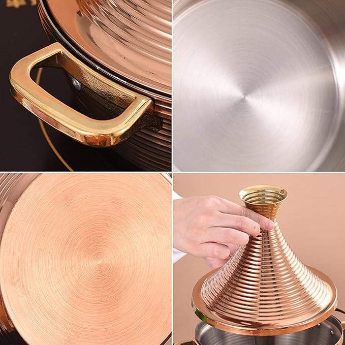 Moroccan Tagine Cooking Pot,Stainless Steel Non Stick Moroccan Casserole with 2 Handles,Large Moroccan Cooker Handmade Tagine Pot with Cone-Shaped Lid(25cm, Rose Gold)