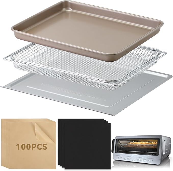 Air Fryer Accessories Compatible with Ninja Flip Air Fryer SP151, Crumb Tray with 4 Oven Liners, 100 PCS Parchment Paper Sheets, Air Fryer Basket and Baking Tray for Ninja Toaster Oven