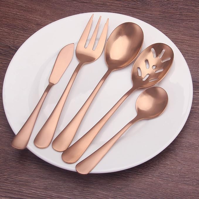 Matte Rose Gold Serving Set，SHARECOOK 5-Piece 18/0 Stainless Steel Large Hostess Set with Round Edge, Satin Finished, Dishwasher Safe -Spoons, Forks,Butter Knife& Slotted Spoon