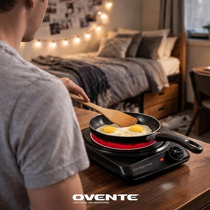 OVENTE Countertop Infrared Single Burner, 1000W Electric Hot Plate with 7” Ceramic Glass Cooktop, 5 Level Temperature Setting & Easy to Clean Base, Compact Stove for Home Dorm Office, Black BGI101B