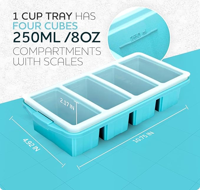 Silicone Freezer Tray With Lid - Soup Freezer Container Molds Set Makes 2-Cup & 1-Cup 1/2-cup Portions Cubes Perfect for preparing meals in different Portion Sizes Oven & Dishwasher-Safe