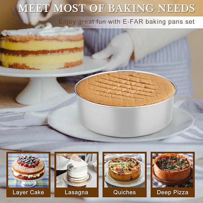 E-far Deep Cake Pan Set of 3 (6 inch/8 inch/9½ inch), Stainless Steel Round Layer Cake Baking Pans, Metal Tier Cake Tins for Wedding Birthday, Leak Proof & Straight Side, Non-toxic & Dishwasher Safe