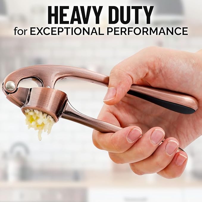 Premium Garlic Press Stainless Steel - Elevate Your Culinary Experience with Our Premium Garlic Mincer, Crusher & Peeler Set, Dishwasher Safe & Rust-proof (Bronze)