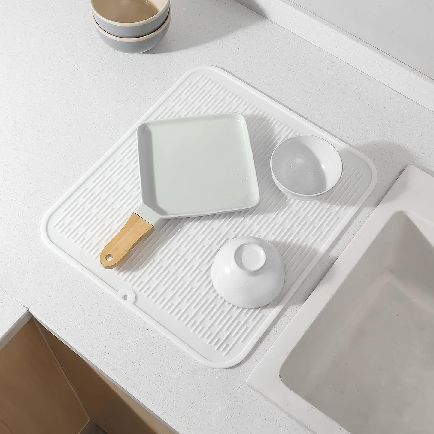 Silicone Dish Drying Mat for Multiple Usage,Easy clean,Eco-friendly,Heat-resistant Silicone Mat for Kitchen Counter or Sink,Refrigerator or Drawer Liner White XL 18 inches x 16 inches