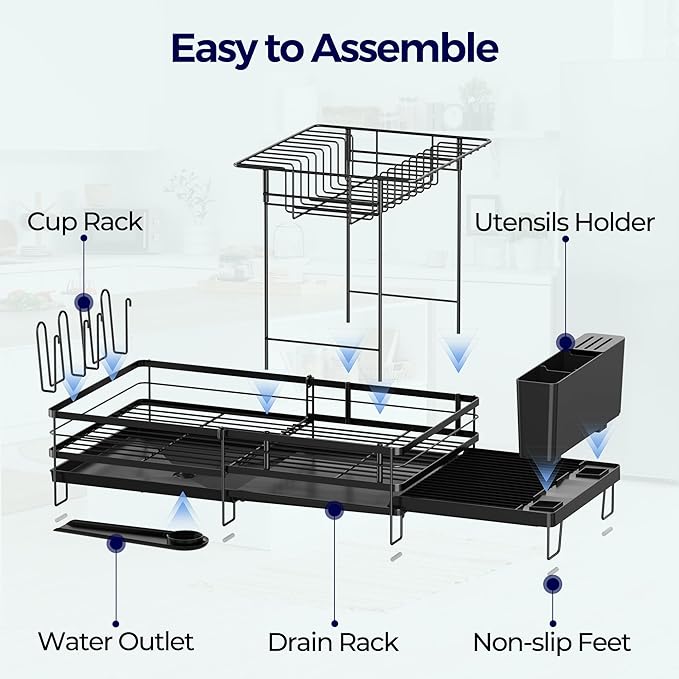 Large Dish Drying Rack, Expandable Dish Rack for Kitchen Counter, Dish Drainer with Drainboard Set, Multifunctional Dishrack with Utensil & Cup Holder, 13.4"-28.7" L x 11.8" W x 9.3" H, Black