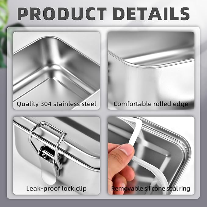 4 PCS Stainless Steel Bento Box 1200ml, Metal Lunch Box Food Containers, Steel Lunch Container for Home, Work, Camping