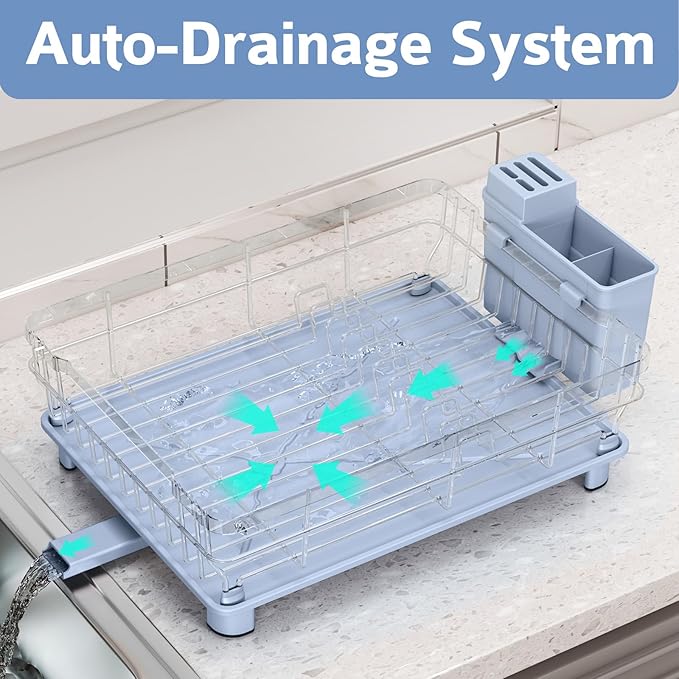 Dish Drying Rack - Space Saving Dish Rack - Dish Racks for Kitchen Counter with Drainboard,Rustproof Dish Drainer with Removable Utensil Holder,Blue
