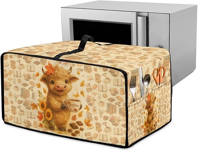 Toaster Oven Dust Cover Dustproof Convection Microwave Ovens Cover Stain-resistant Small Countertop Appliance Protector, S, Highland Cow Coffee Sunflower Fall Decor