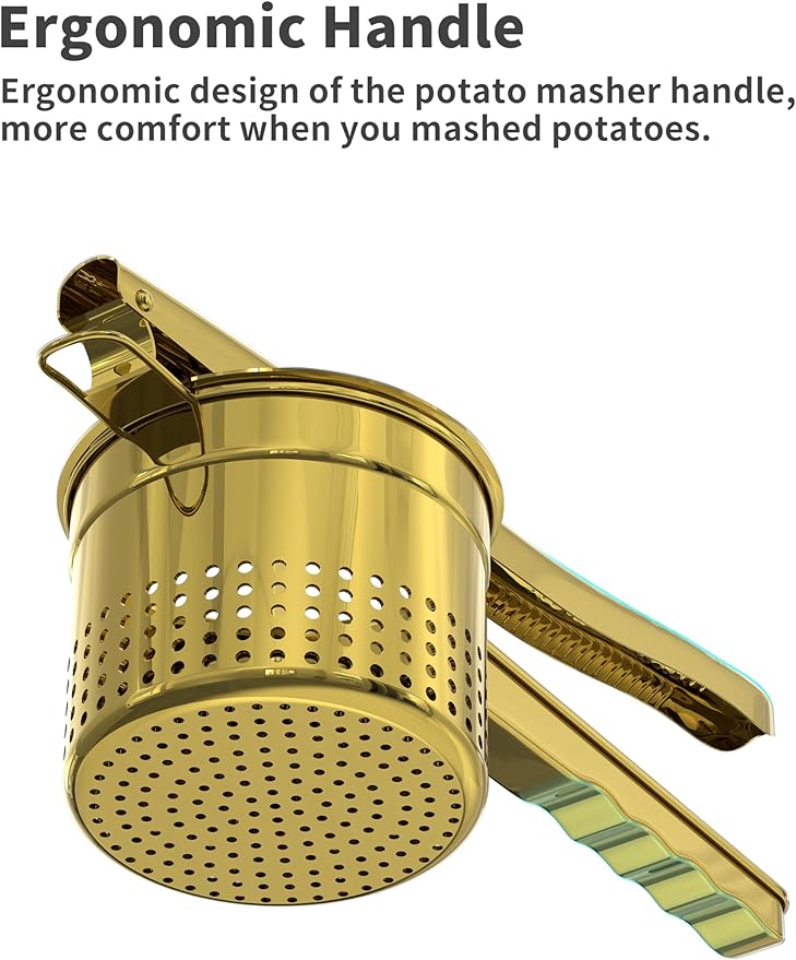 Livilord Large 15oz Potato Ricer, Heavy Duty Stainless Steel Ricer for Mashed Potatoes, Sweet Potato Masher Kitchen Tool with Ergonomic Handle, Press and Mash Kitchen Gadget, Gold