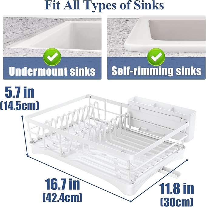 SNTD Dish Drying Rack for Kitchen Counter - Large Dish Rack with Drainboard, Rustproof Dish Drainer with Utensil Holder for Sink, White
