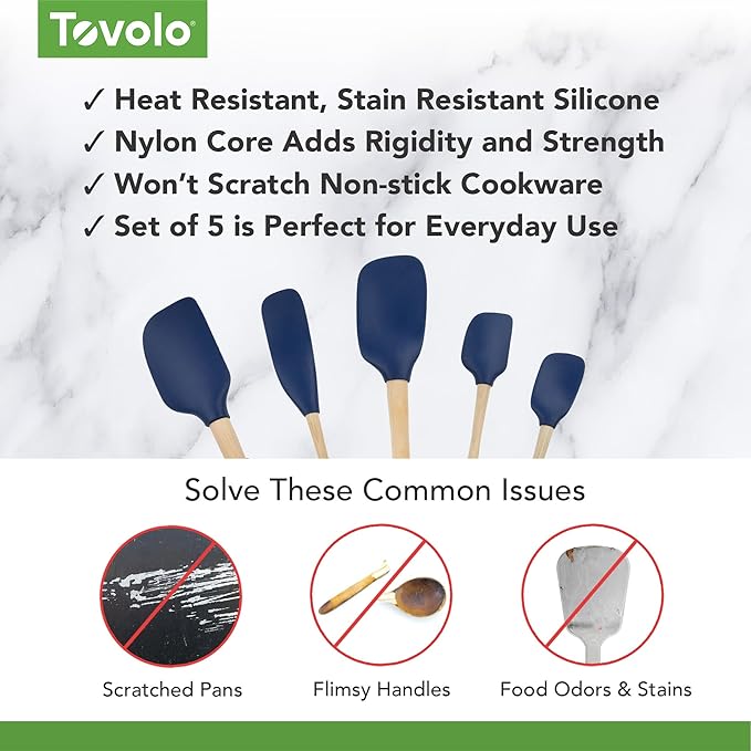 Tovolo Silicone Spatula with Wooden Handle Set of 5 Piece Silicone Kitchen Utensil Set Spoonula Jar Scraper Mini Spatula and Spoonula for Cooking Baking Mixing Folding Deep Indigo