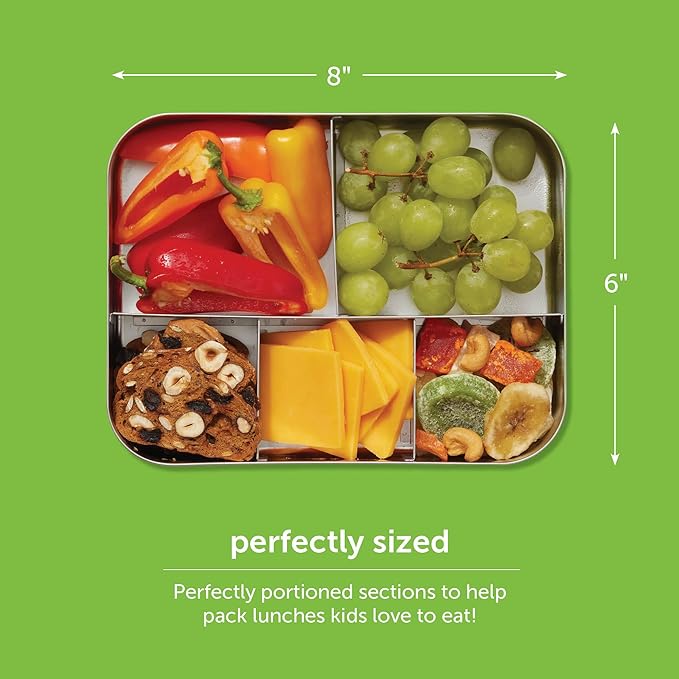LunchBots Large Cinco Stainless Steel Lunch Container - Five Section Design Holds a Variety of Foods - Metal Bento Box - Dishwasher Safe - Stainless Lid