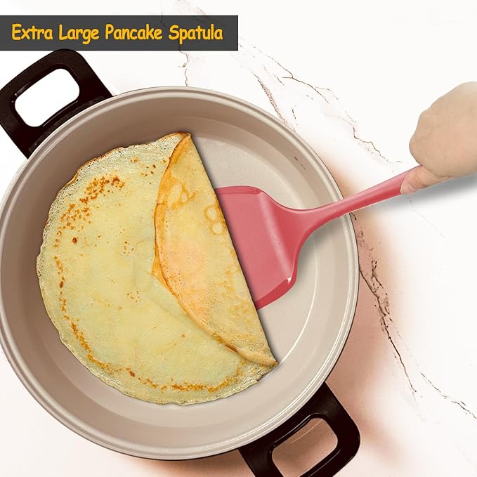Silicone Pancake Spatula Turner with Lengthened Handle& Seamless Design, Heat Resistant Cooking Spatulas for Nonstick Cookware, Large Flexible Kitchen Utensils, Flipper for Egg, Pancake, Burger, Red