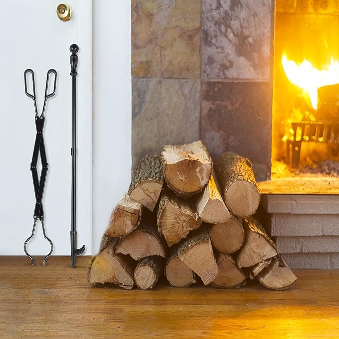 FEED GARDEN 32 Inch Fireplace Poker and 26 Inch Fireplace Tongs Set for Fire Pit Fireplace Tools Accessories Log Grabber Set For Camping Wood Stove Patio Campfire Picnic Indoor Outdoor