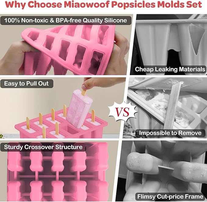 Miaowoof Homemade Popsicle Molds, 10-Cav Non-BPA Silicone Ice Pop Maker, with 50 Sticks, 50 Bags, 10 Reusable Sticks, Funnel, Brush and Ice Pop Recipe (Pink)