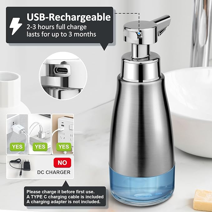 Automatic Soap Dispenser Liquid Touchless: 15oz Stainless Steel - 3 Level Adjustable Silver Rechargeable Electric Auto Smart Soap Dispenser - Bathroom Kitchen Hand Dish Lotion