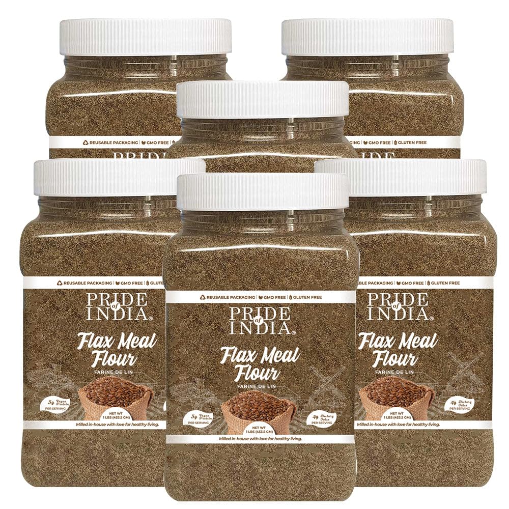 Pride of India - PACK of 6 - Flax Meal Flour 1 lbs (454 gm) Nutty Earthy Taste Freshly Milled in Small Batches | Used for Baking Coating Thickening | Prepare Muffins Pancakes Smoothies Pudding Salads