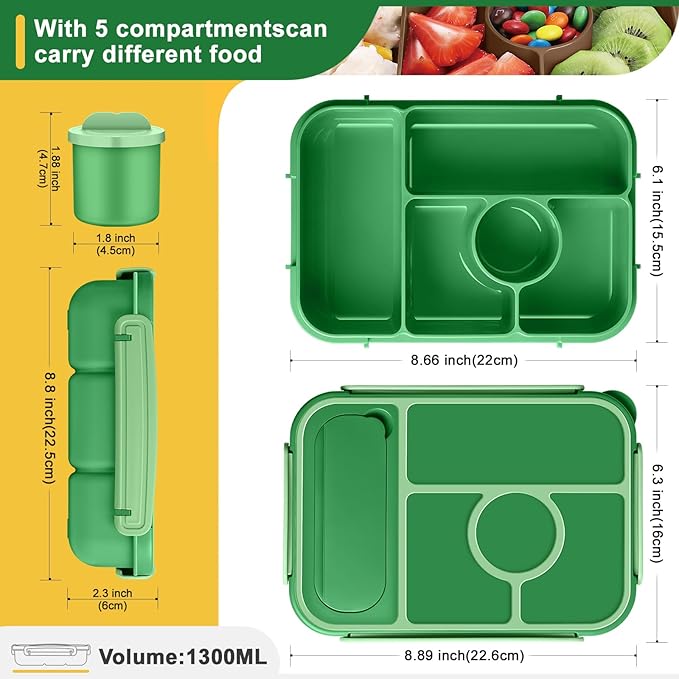 Amathley Bento Box Adult Lunch Box Kids,Lunch Containers for Adults/Kids/Toddler,5 Compartments Bento Lunch Box with Sauce Vontainers,Microwave & Dishwasher & Freezer Safe,BPA-Free (Emerald green)