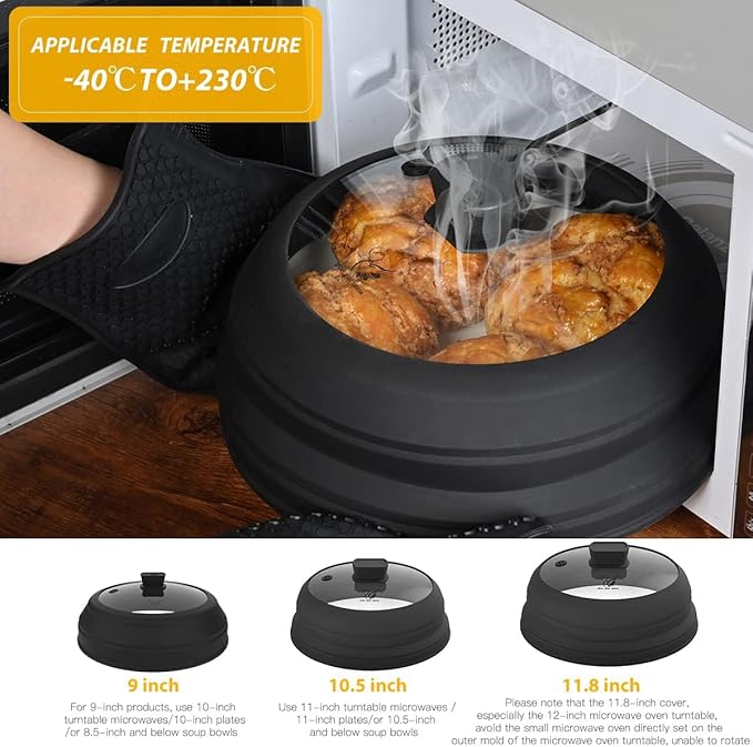 Microwave Splatter Cover Glass Guard Lid with Collapsible Silicone for Food Pot Plate 9.8 inch Black