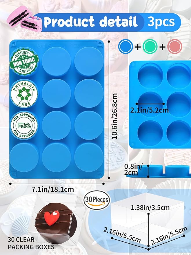 3 Pcs Round Chocolate Cookie Molds Set ,12-Cavity Round Silicone Mold with 30 Clear Treat Boxes, Round Baking Mold for Oreos,Candy, Mini Cake, Individually Wrapped Cakesicle Party Favor Packaging
